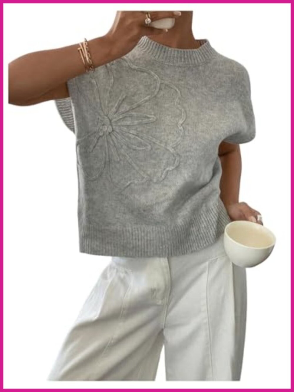Short Sleeve Ribbed Knit 3D Floral Pullover Sweater Loose Fit